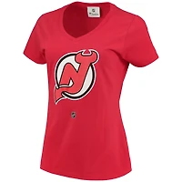 T-shirt à col en V Fanatics pour femmes, logo Nico Hischier rouge des New Jersey Devils, nom et numéro