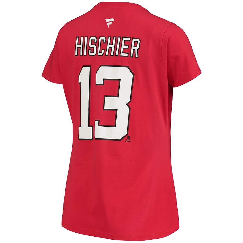 T-shirt à col en V Fanatics pour femmes, logo Nico Hischier rouge des New Jersey Devils, nom et numéro