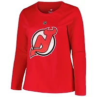 T-shirt à manches longues imprimé vieilli avec nom et numéro pour femme Jack Hughes Red New Jersey Devils