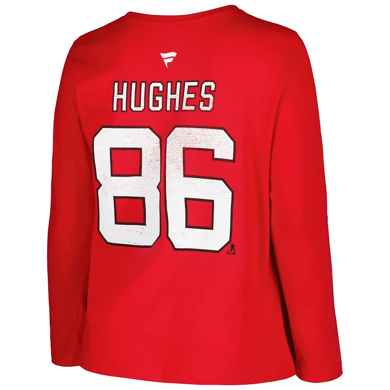 T-shirt à manches longues imprimé vieilli avec nom et numéro pour femme Jack Hughes Red New Jersey Devils