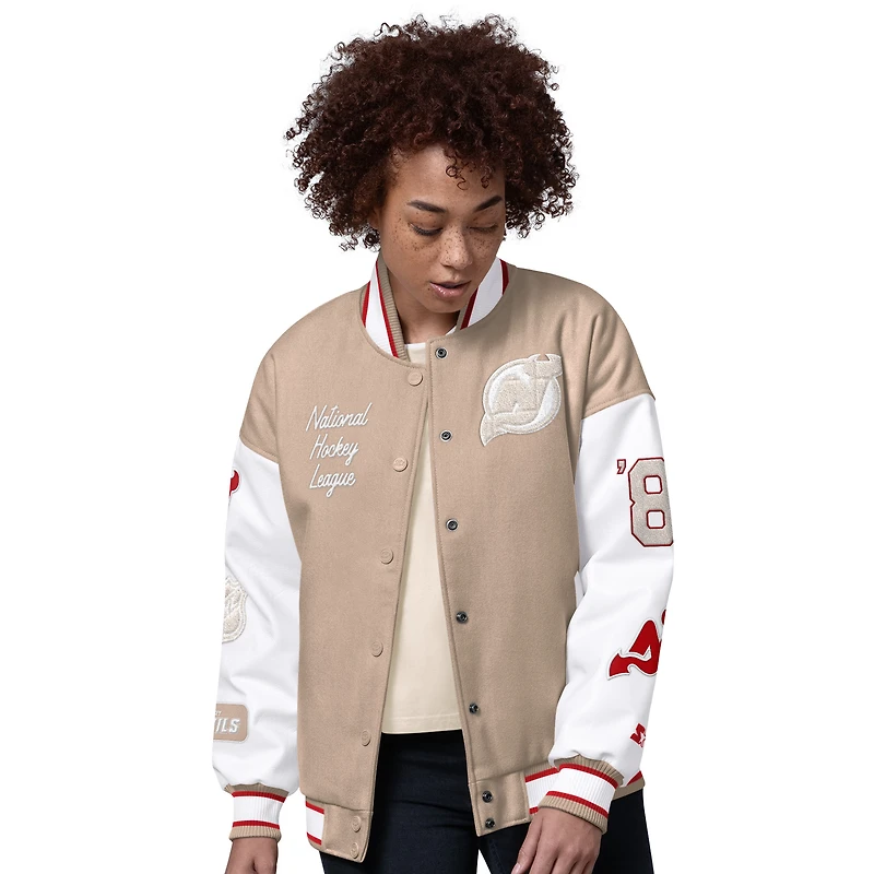 Women's Starter Natural New Jersey Devils Free Ball Varsity Jacket