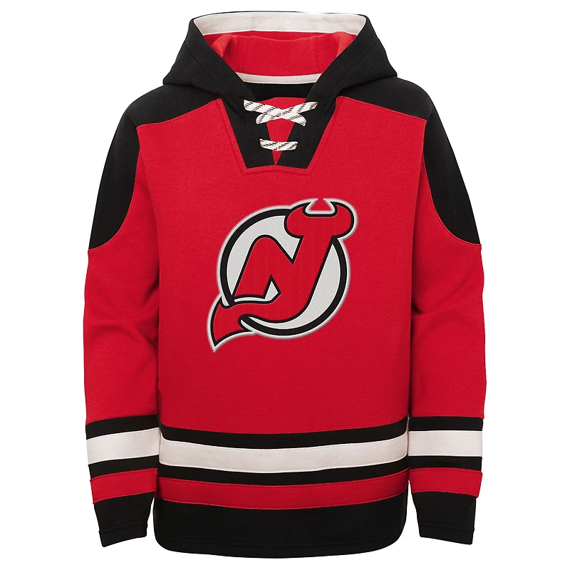 Youth Jack Hughes Red New Jersey Devils Ageless Must-Have V-Neck Name & Number Pullover Hoodie