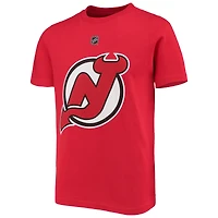 T-shirt rouge avec nom et numéro de joueur des Devils du New Jersey pour jeune Jack Hughes