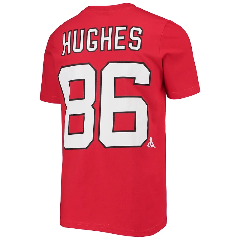 T-shirt rouge avec nom et numéro de joueur des Devils du New Jersey pour jeune Jack Hughes
