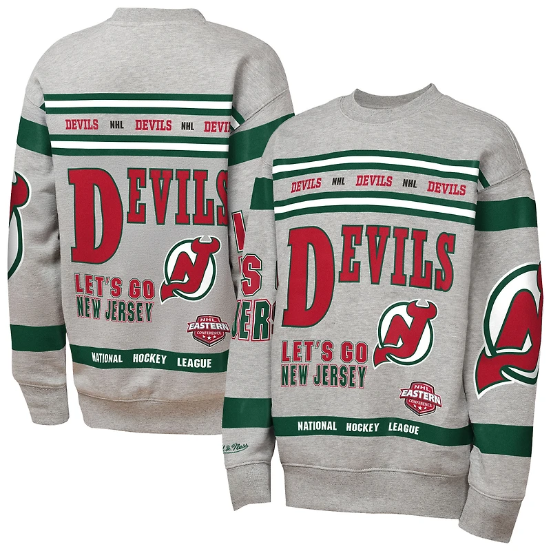 Sweat-shirt à col rond en polaire imprimé intégral Mitchell & Ness gris chiné pour enfant, motif New Jersey Devils