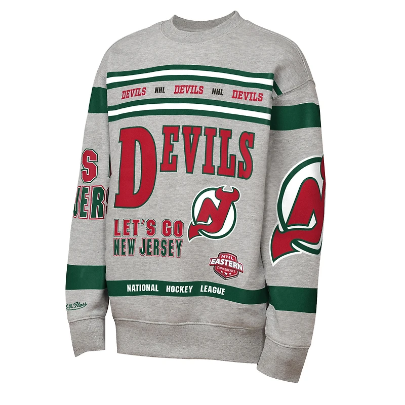 Sweat-shirt à col rond en polaire imprimé intégral Mitchell & Ness gris chiné pour enfant, motif New Jersey Devils