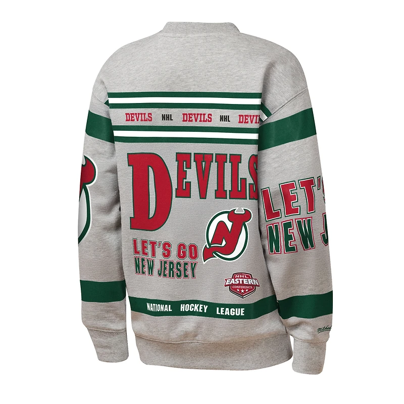 Youth Mitchell & Ness Heather Gray New Jersey Devils Allover Print Fleece Crewneck Sweatshirt