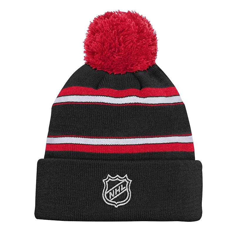 Bonnet en tricot à revers jacquard noir pour jeunes New Jersey Devils avec pompon