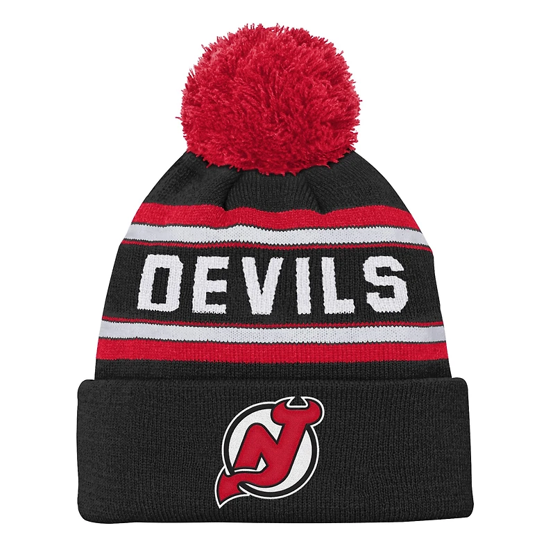 Bonnet en tricot à revers jacquard noir pour jeunes New Jersey Devils avec pompon