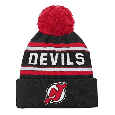 Bonnet en tricot à revers jacquard noir pour jeunes New Jersey Devils avec pompon