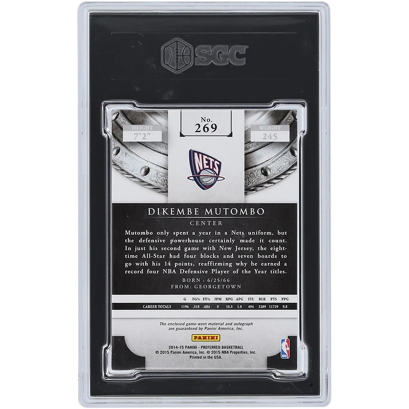 Carte autographiée Panini Preferred Prime Silhouettes 2014-15 de Dikembe Mutombo, New Jersey Nets, relique 3 couleurs, numéro 269, numéro 19/25, SGC, authentifiée, 9/10