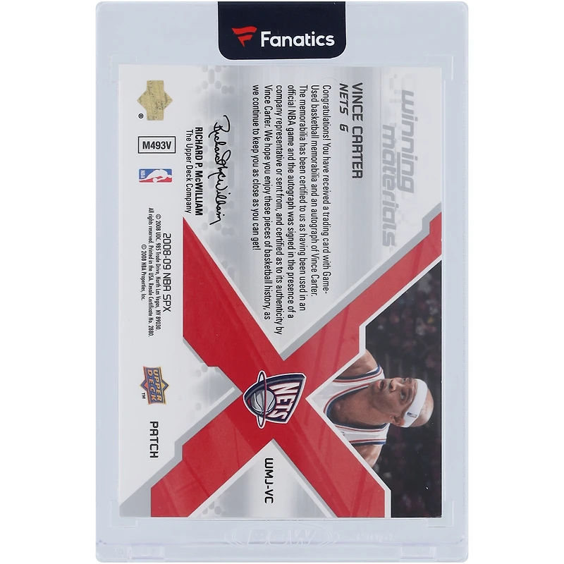 Vince Carter New Jersey Nets Autographed 2008-09 Upper Deck SPX Winning Materials Tri-Color Relic #WMJ-VC #4/5 Card