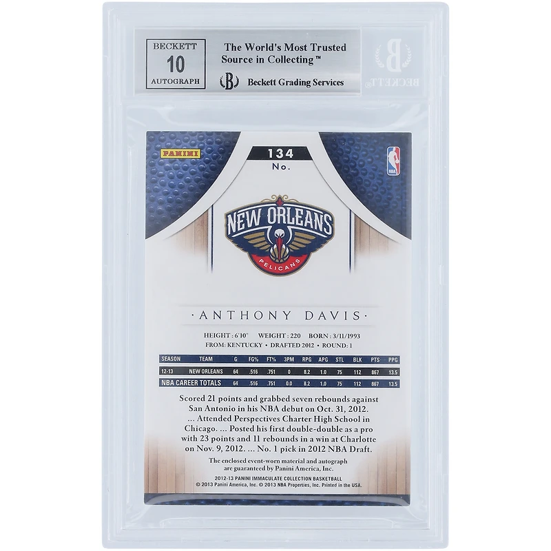 Anthony Davis New Orleans Pelicans Autographed 2012-13 Panini Immaculate Collection Logo Relic #134 #49/99 BGS Authenticated 8.5/10 Rookie Card - 9,8,9,9 Subgrades