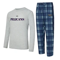 Men's Concepts Sport Navy/Heather Gray New Orleans Pelicans Regulate Long Sleeve T-Shirt & Plaid Pant Set