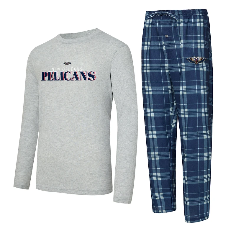 Ensemble t-shirt à manches longues et pantalon carreaux bleu marine/gris chiné New Orleans Pelicans pour homme