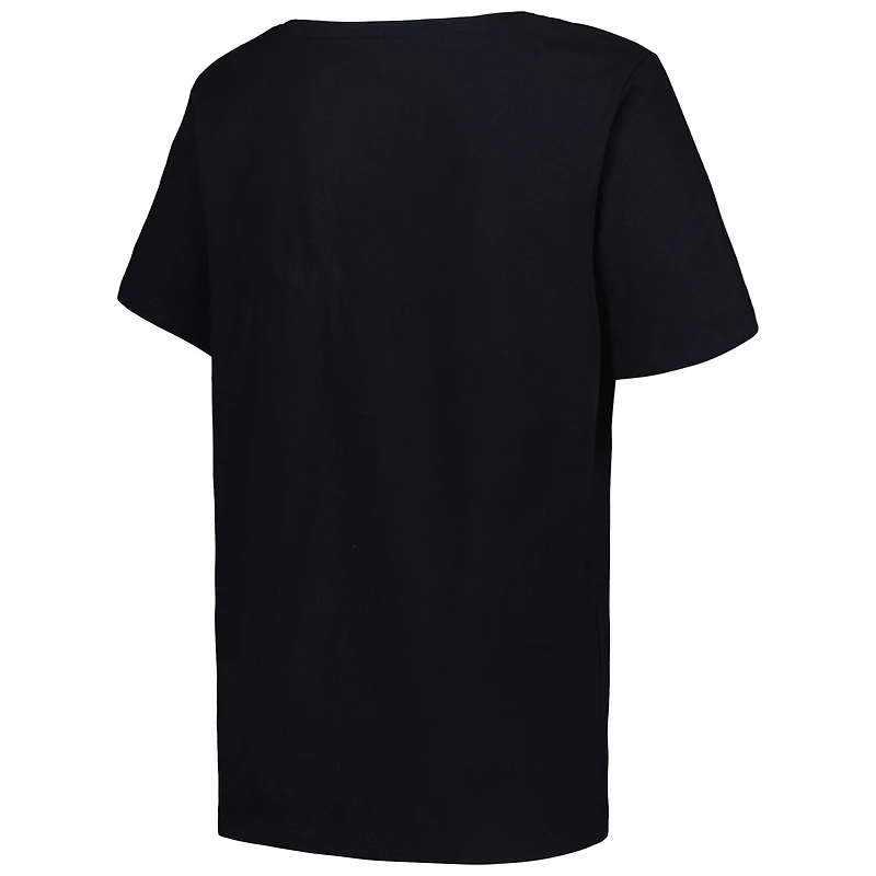 T-shirt noir à col en V pour femmes, profil, pélicans de la Nouvelle-Orléans, grande taille, arc sur logo