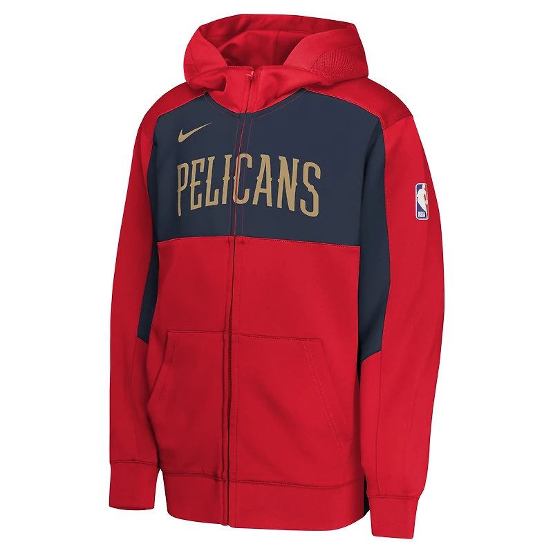 Sweat à capuche entièrement zippé Nike New Orleans Pelicans Authentic On-Court Showtime Performance pour jeunes, rouge/bleu marine