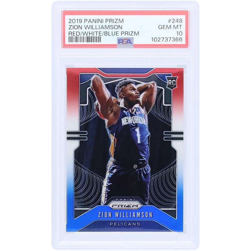 Carte de recrue Panini Prizm RWB Prizm #248 PSA authentifiée 10 de Zion Williamson des New Orleans Pelicans 2019-20