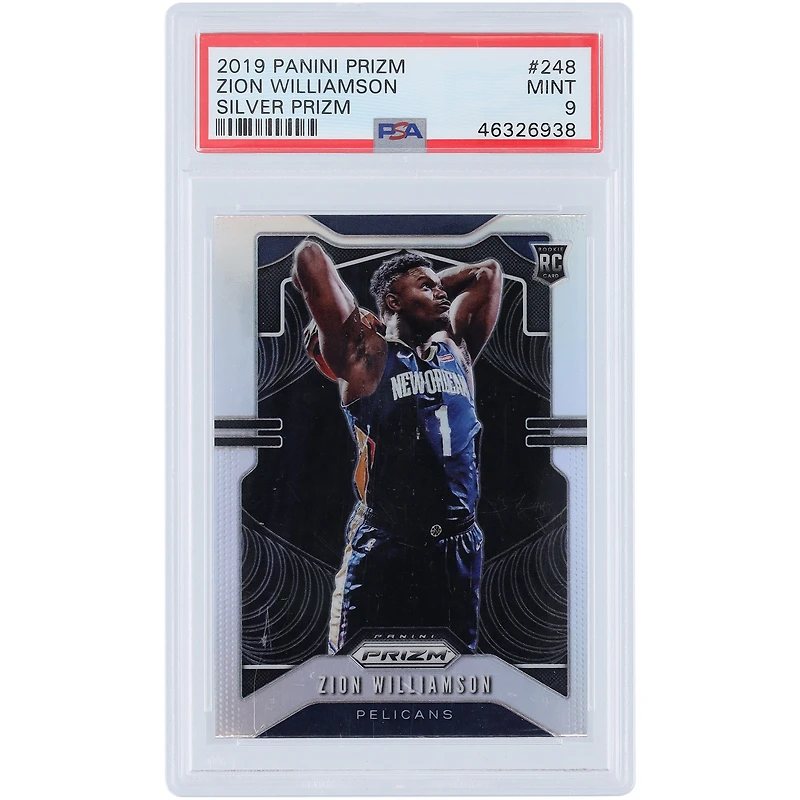 Carte de recrue Zion Williamson New Orleans Pelicans 2019-20 Panini Prizm Silver Prizm n° 248 authentifiée PSA 9