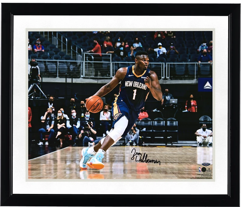 Zion Williamson New Orleans Pelicans Autographed 16" x 20" Dribbling in Navy Jersey Photograph