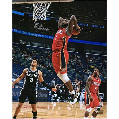 Photo dédicacée de Zion Williamson (New Orleans Pelicans) en train de dunker dans un maillot rouge (16" x 20")