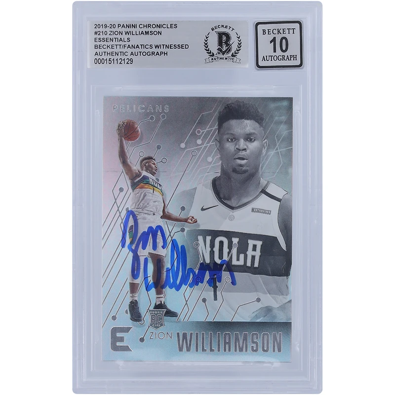 Carte de recrue Panini Chronicles Essentials #210 autographiée 2019-20 par Zion Williamson New Orleans Pelicans Beckett Fanatics Witnessed Authenticated 10 Rookie