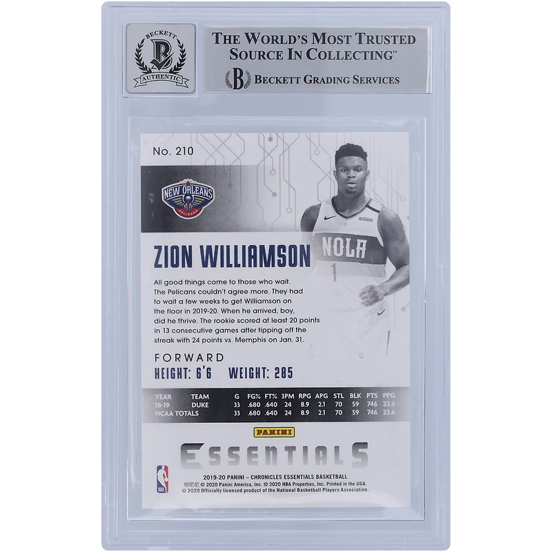 Carte de recrue Panini Chronicles Essentials #210 autographiée 2019-20 par Zion Williamson New Orleans Pelicans Beckett Fanatics Witnessed Authenticated 10 Rookie