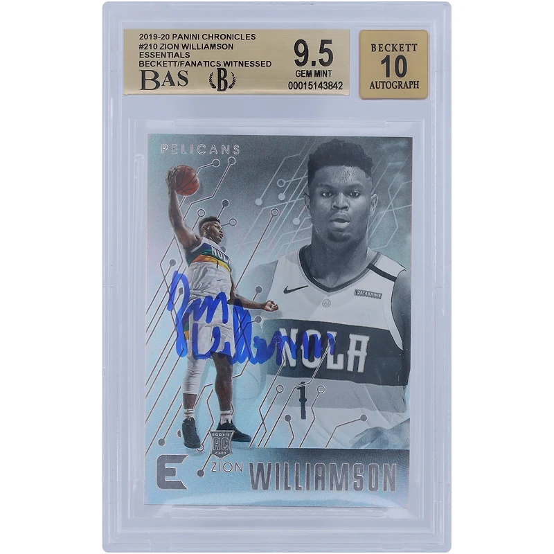 Carte de recrue Panini Chronicles Essentials #210 autographiée 2019-20 par Zion Williamson des New Orleans Pelicans, Beckett Fanatics Witnessed Authenticated 9.5/10