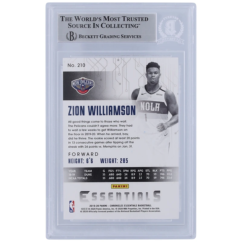 Carte de recrue authentifiée autographiée par Zion Williamson New Orleans Pelicans 2019-20 Panini Chronicles Essentials #210 Beckett Fanatics Witnessed