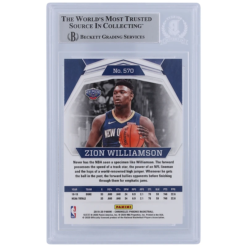Carte de recrue authentifiée autographiée par Zion Williamson New Orleans Pelicans 2019-20 Panini Chronicles Phoenix #570 Beckett Fanatics