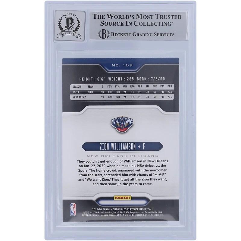 Zion Williamson New Orleans Pelicans Autographed 2019-20 Panini Chronicles Playbook #169 Beckett Fanatics Witnessed Authenticated 10 Rookie Card