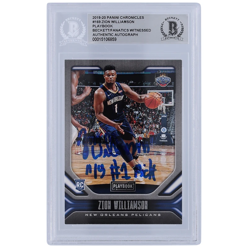 Carte de recrue authentifiée 2019-20 des Panini Chronicles Playbook #169 signée Zion Williamson New Orleans Pelicans par les fanatiques de Beckett avec l'inscription « 19 #1 Pick »