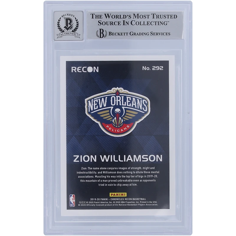 Carte de recrue Panini Chronicles Recon #292 autographiée 2019-20 par Zion Williamson des New Orleans Pelicans, Beckett Fanatics Witnessed Authenticated 10 Rookie