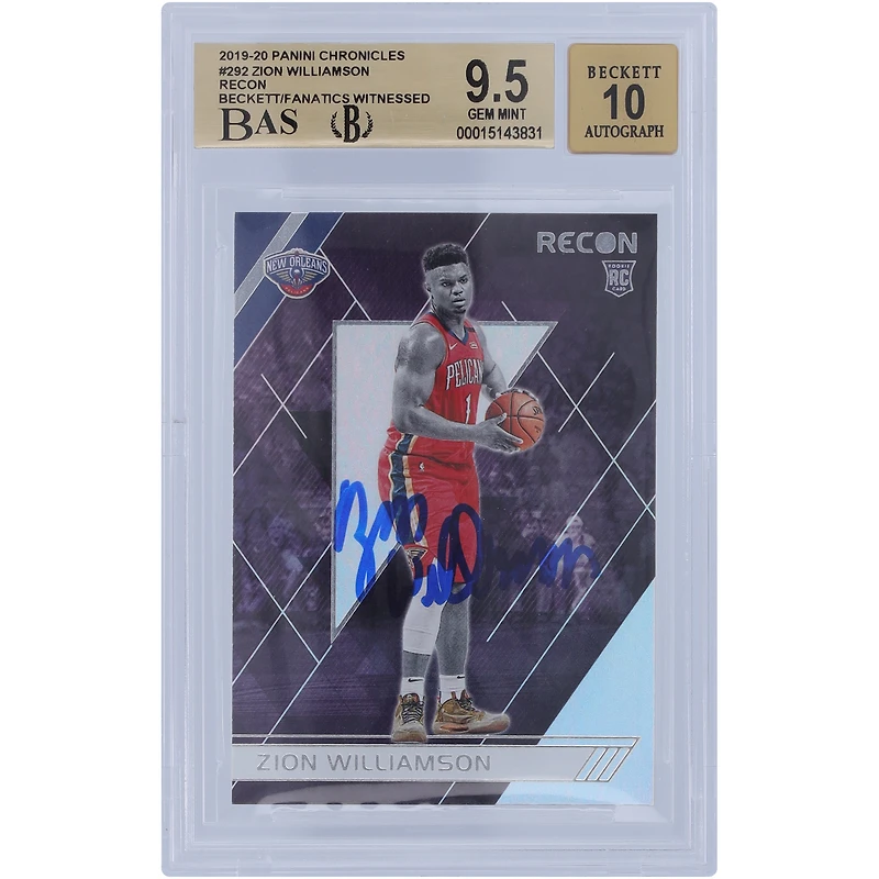 Carte recrue autographiée Panini Chronicles Recon #292 2019-20 de Zion Williamson New Orleans Pelicans, Beckett Fanatics Witnessed Authenticated 9.5/10 - Sous-grades 9.5/9.5/9.5/9.5