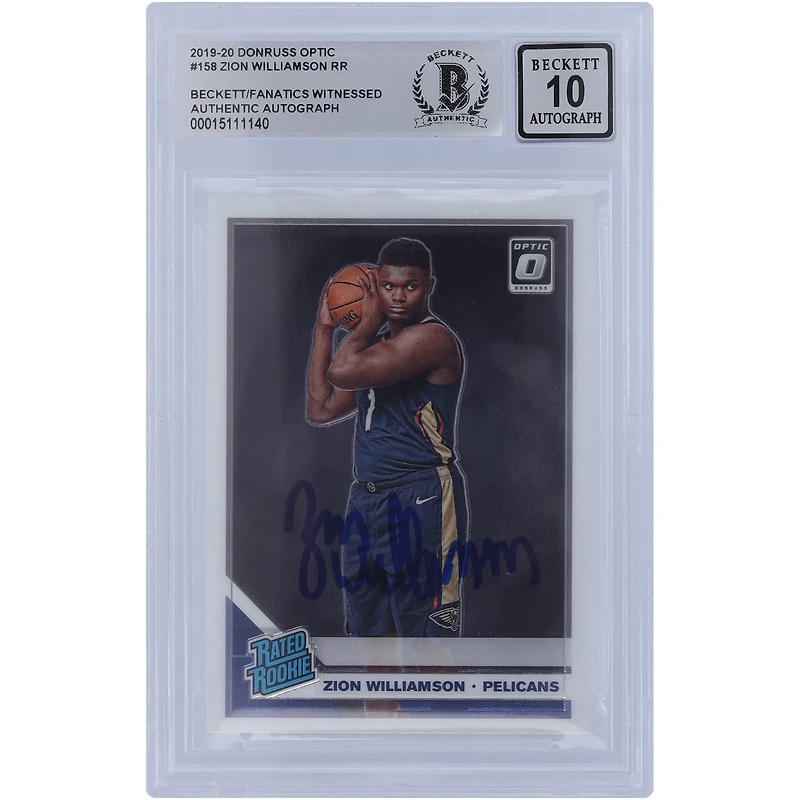 Carte Rookie #158 autographiée par Zion Williamson des New Orleans Pelicans Panini Donruss Optic 2019-20, classée Rookie n°158, Beckett Fanatics Witnessed Authenticated 10 Rookie