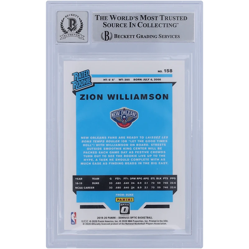 Carte Rookie #158 autographiée par Zion Williamson des New Orleans Pelicans Panini Donruss Optic 2019-20, classée Rookie n°158, Beckett Fanatics Witnessed Authenticated 10 Rookie