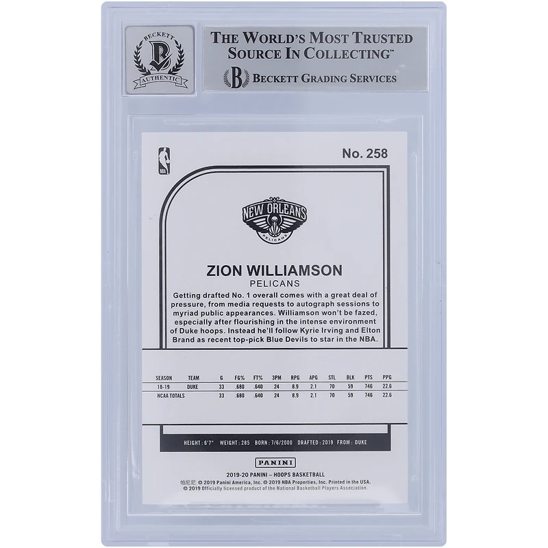 Carte de recrue Panini Hoops 2019-20 autographiée par Zion Williamson des New Orleans Pelicans #258 Beckett Fanatics Witnessed Authenticated 10 Rookie