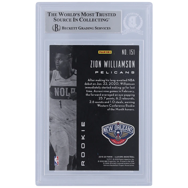 Carte de recrue autographiée de Zion Williamson (New Orleans Pelicans) 2019-20 Panini Illusions #151, certifiée par Beckett Fanatics Witnessed