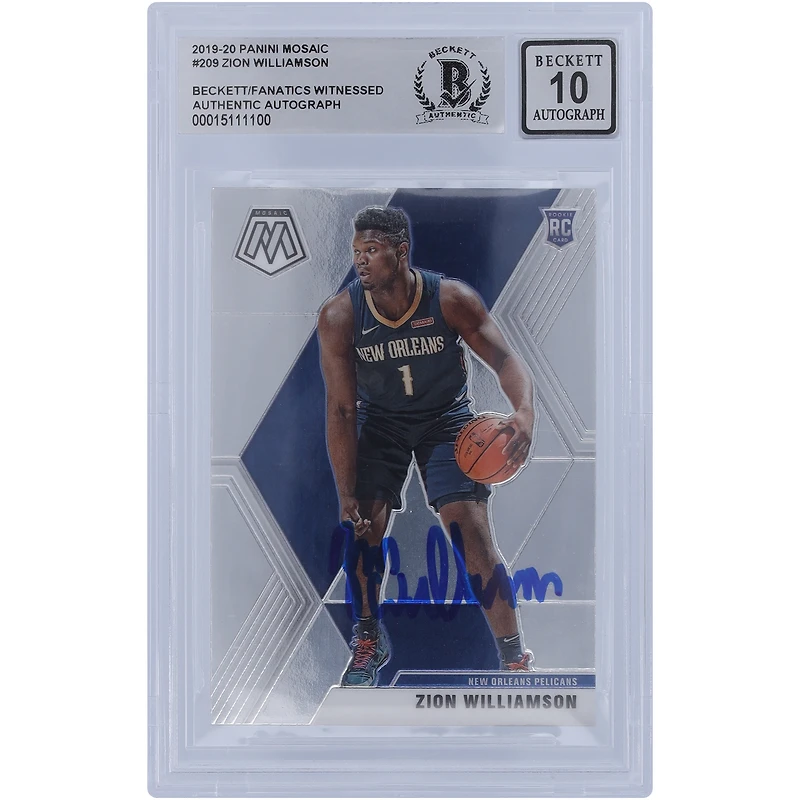Carte de recrue autographiée de Zion Williamson (New Orleans Pelicans) 2019-20 Panini Mosaic n° 209, certifiée par Beckett Fanatics Witnessed.