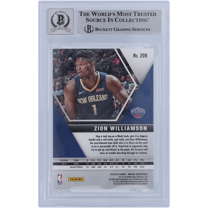 Carte Panini Mosaic #209 autographiée 2019-2020 des New Orleans Pelicans de Zion Williamson, Beckett Fanatics, authentifiée, 10 Rookie