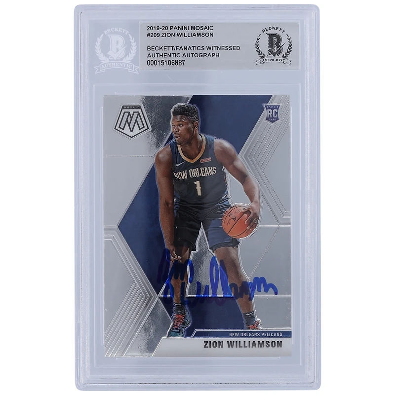 Carte de recrue autographiée de Zion Williamson, New Orleans Pelicans, 2019-20 Panini Mosaic n° 209, authentifiée par Beckett Fanatics Witnessed