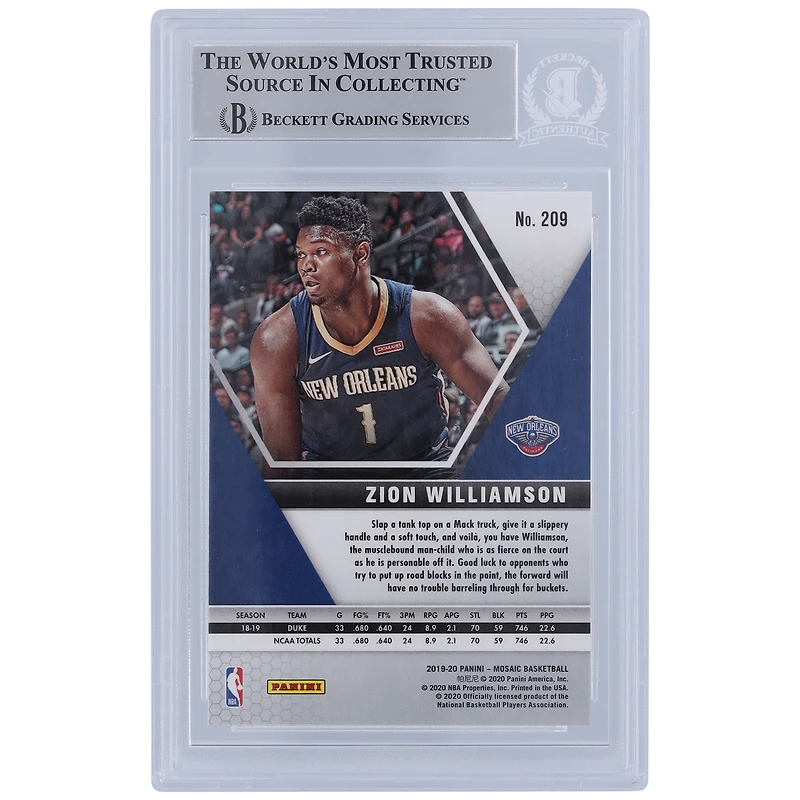 Zion Williamson New Orleans Pelicans Autographed 2019-20 Panini Mosaic #209 Beckett Fanatics Witnessed Authenticated Rookie Card
