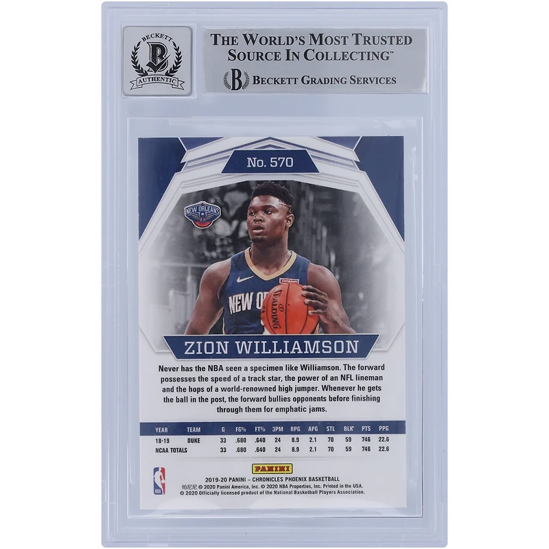 Zion Williamson New Orleans Pelicans Autographed 2019-20 Panini Phoenix 3 #570 Beckett Fanatics Witnessed Authenticated 10 Rookie Card
