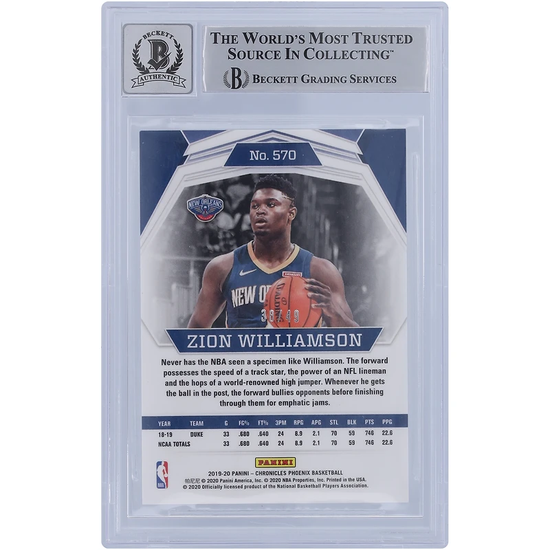 Zion Williamson New Orleans Pelicans Autographed 2019-20 Panini Phoenix Purple Variation #570 #38/49 Beckett Fanatics Witnessed Authenticated 10 Rookie Card