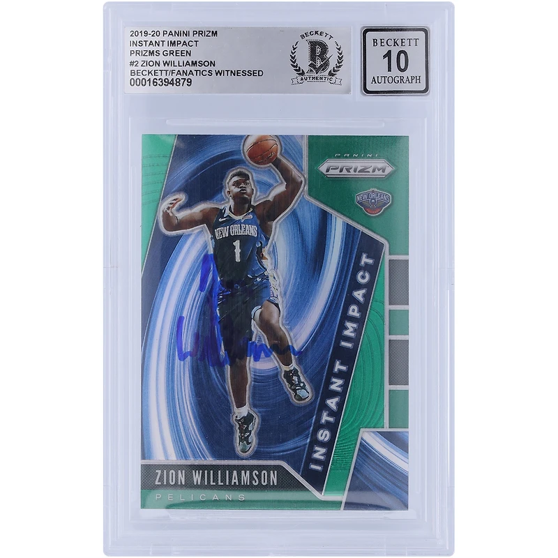 Carte de recrue autographiée Panini Prizm Instant Impact 2019-20 de Zion Williamson New Orleans Pelicans #2 Beckett Fanatics Witnessed Authenticated 10 Rookie