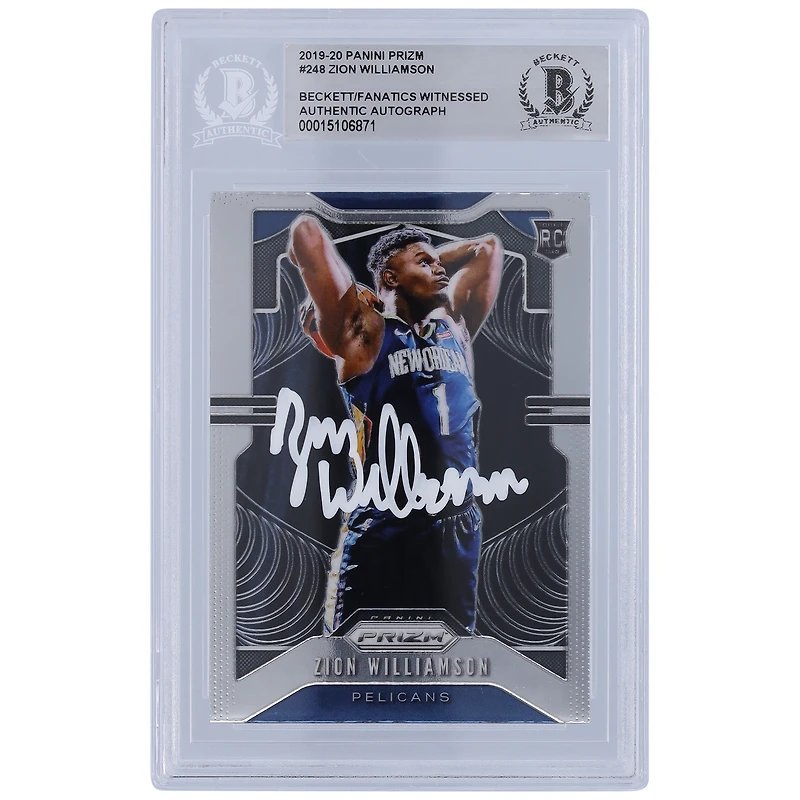 Carte de recrue authentifiée signée Zion Williamson New Orleans Pelicans Panini Prizm #248 2019-20 Beckett Fanatics
