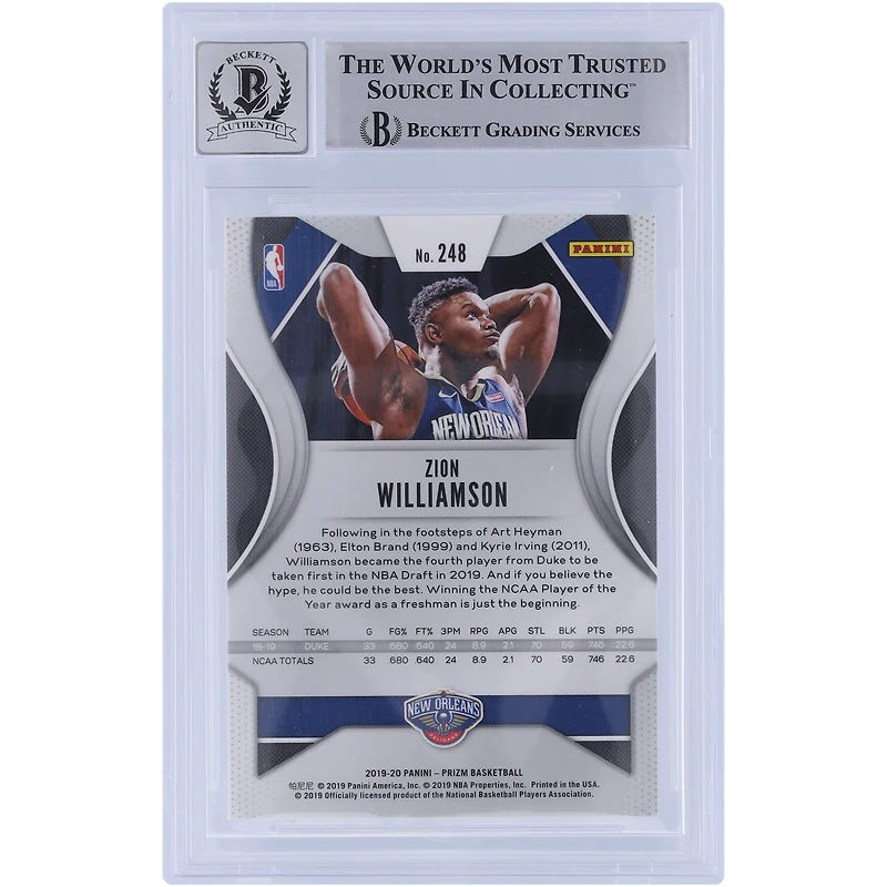 Carte de recrue 9/10 authentifiée 2019-20 Panini Prizm White Ink #248 signée Zion Williamson New Orleans Pelicans par les fanatiques de Beckett