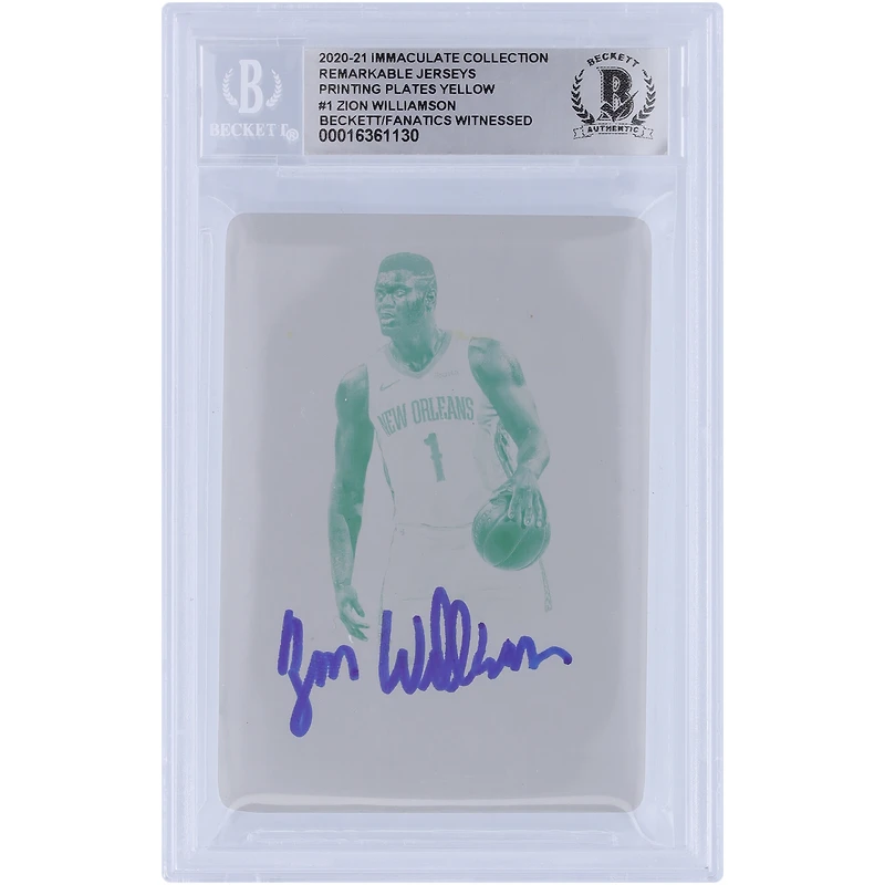 Maillots Panini Immaculés Remarquables Autographiés 2020-21 des Pélicans de la Nouvelle-Orléans de Zion Williamson Plaque d'Impression Jaune #1 #1/1 Beckett Fanatics Carte Authentifiée Témoin