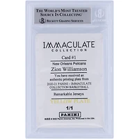 Maillots Panini Immaculés Remarquables Autographiés 2020-21 des Pélicans de la Nouvelle-Orléans de Zion Williamson Plaque d'Impression Jaune #1 #1/1 Beckett Fanatics Carte Authentifiée Témoin