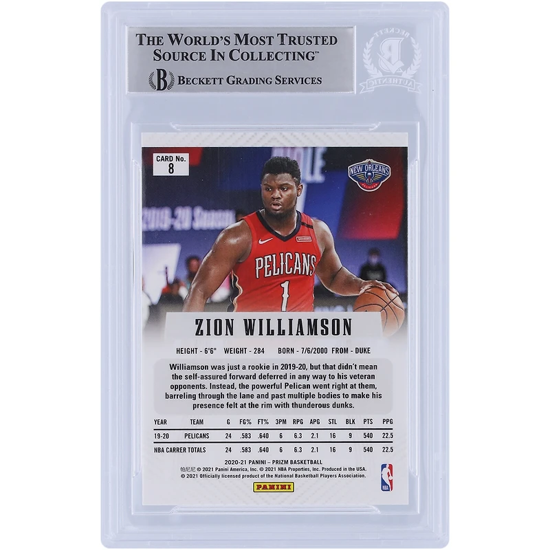 Carte authentifiée Panini Prizm Flashback #8 2020-21 autographiée par Zion Williamson des New Orleans Pelicans, fanatiques de Beckett